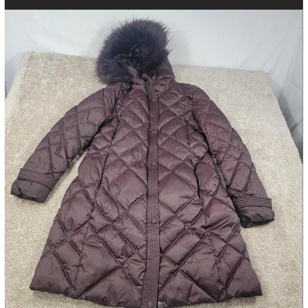 Laundry by Shelli Segal Brown Quilted Puffer Coat Faux Fur Hood Leopard Lining L